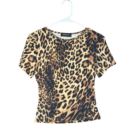 White Fox Crop Top Womens M Leopard Snug Fit Animal festival Mob Wife - Picture 2 of 11